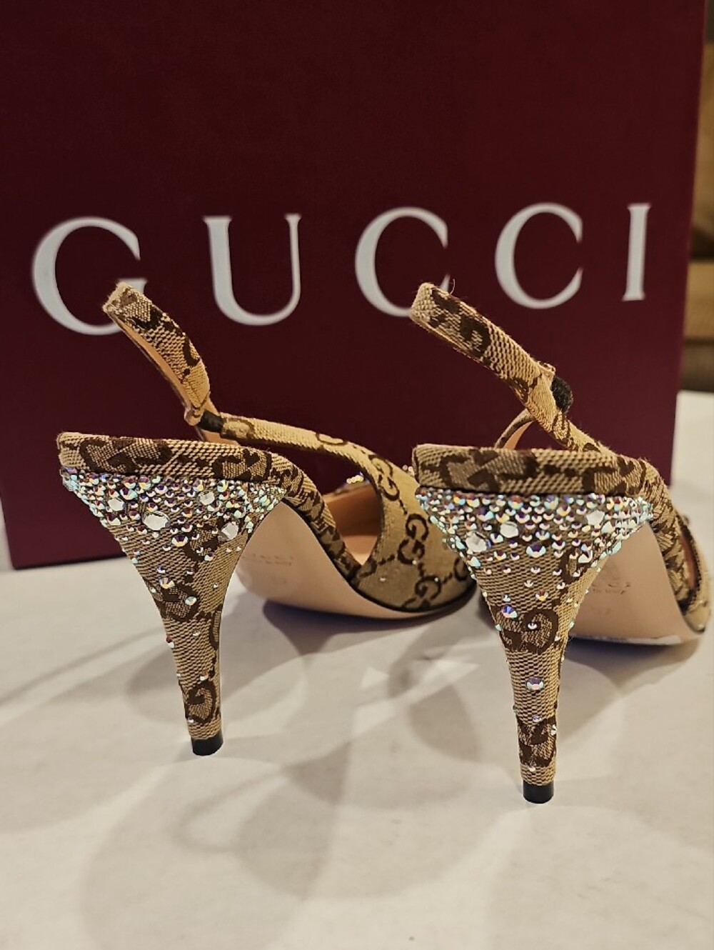 Gucci Beige GG Canvas Slingback Pointed Toe Crystal Heels - Picture 6 of 7